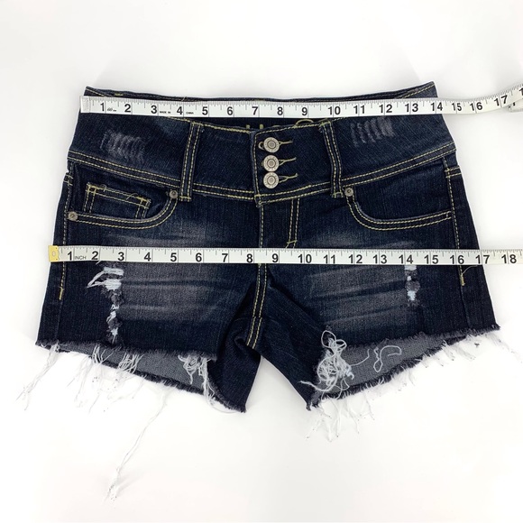 Rue 21 Dark Blue Wash Distressed Cut-Off Denim Shorts, 1/2 - Picture 10 of 16